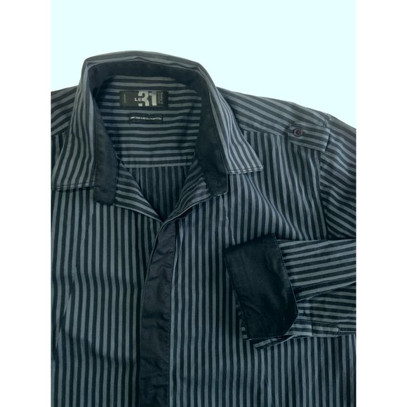 Men vtg New Wave Black & Gray Stripes Shirt Flip Cuffs Epaulettes MEDIUM -fitted - Picture 2 of 7